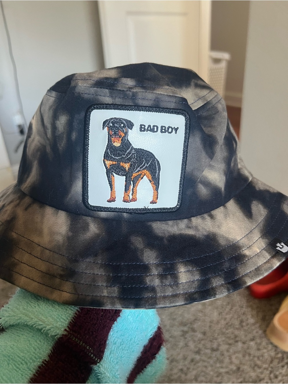 Rare Goorin Bros Black Tie-Dye 'Bad Boy' Rottweiler Patch Bucket Hat